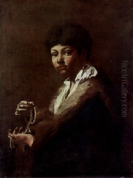 A Youth Holding A String Of Pearls Oil Painting by Giovanni Battista Piazzetta