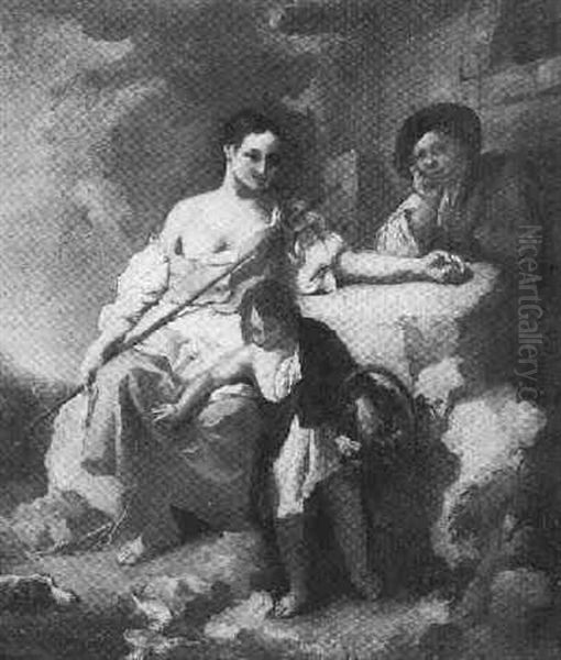 A Young Woman Seated On A Rock By A Pool With A Man And Young Child Carrying A Basket Oil Painting by Giovanni Battista Piazzetta