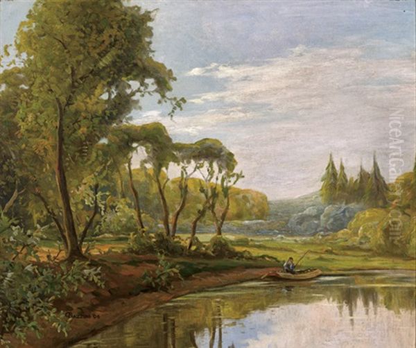 Landscape With A Fisherman In A Row Boat Oil Painting by Gottardo Piazzoni