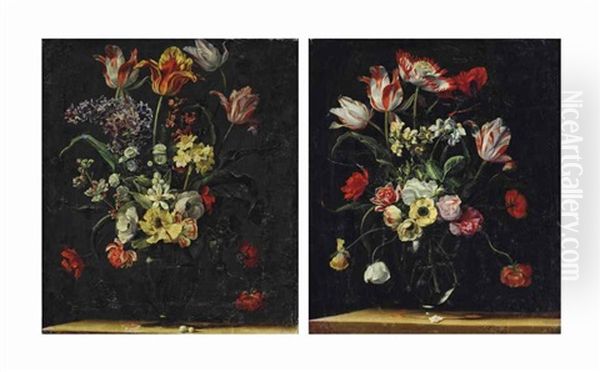 Tulips, Daffodils, Carnations, Poppies And Other Flowers In A Glass Vase On A Wooden Ledge (+ Another, Similar; Pair) Oil Painting by Jean-Michel Picard