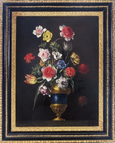 Still Life With Tulips And Anemones In A Blue And Gilt Vase Oil Painting by Jean-Michel Picard