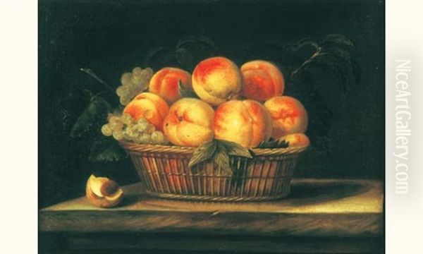 Panier De Peches Et De Raisins, Sur Un Entablement Oil Painting by Jean-Michel Picard