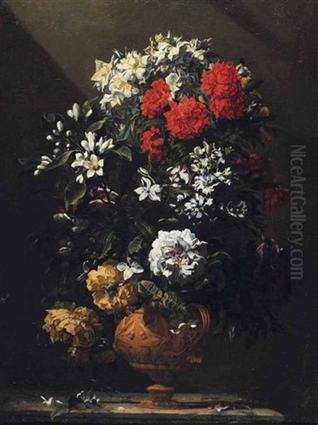 Carnations And Other Flowers In A Bronze Vase Oil Painting by Jean-Michel Picart