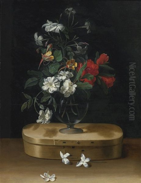 Vase Of Flowers On A Chipboard Box Oil Painting by Jean-Michel Picart