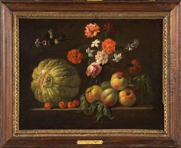 Composition De Fruits Et De Fleurs Sur Un Entablement Oil Painting by Jean-Michel Picart