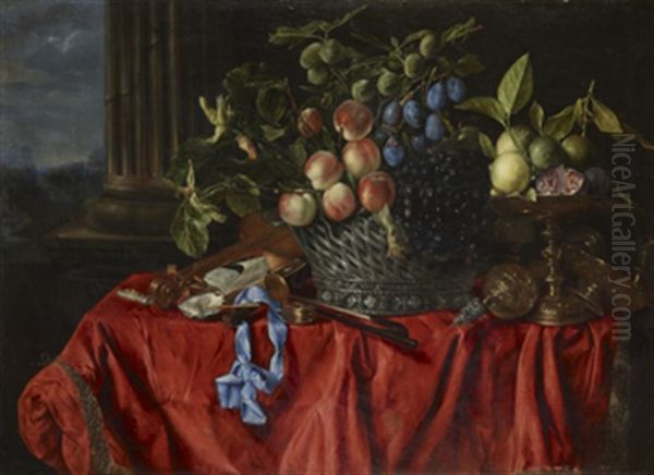 Stilleben Med Frukter, Pokaler, Instrument Och Silverkorg Oil Painting by Jean-Michel Picart