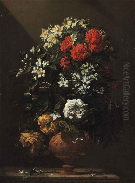 Roses And Other Spring Flowers In A Vase On A Stone Ledge Oil Painting by Jean-Michel Picart