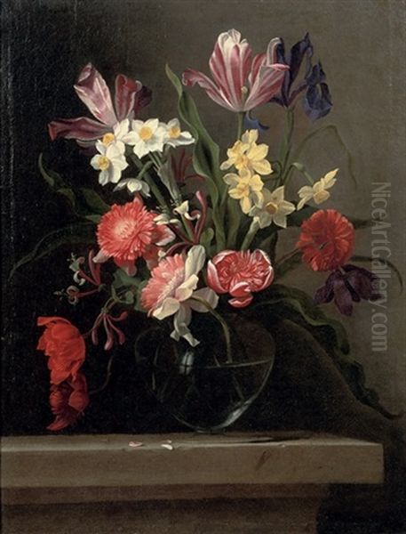 Tulips, Carnations, Narcissi And Other Flowers In A Glass Vase, On A Stone Ledge Oil Painting by Jean-Michel Picart