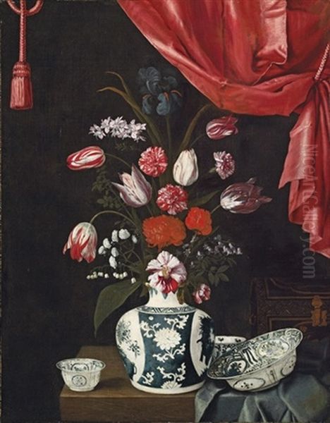 Tulips, Carnations And Other Flowers In A Chinese Porcelain Vase Oil Painting by Jean-Michel Picart