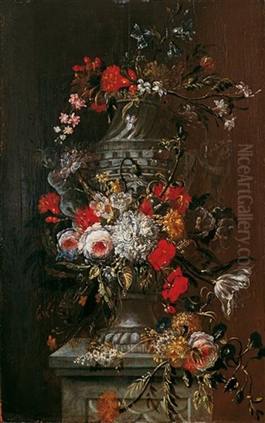 Zwei Blumenstillleben Mit Steinvase Oil Painting by Jean-Michel Picart