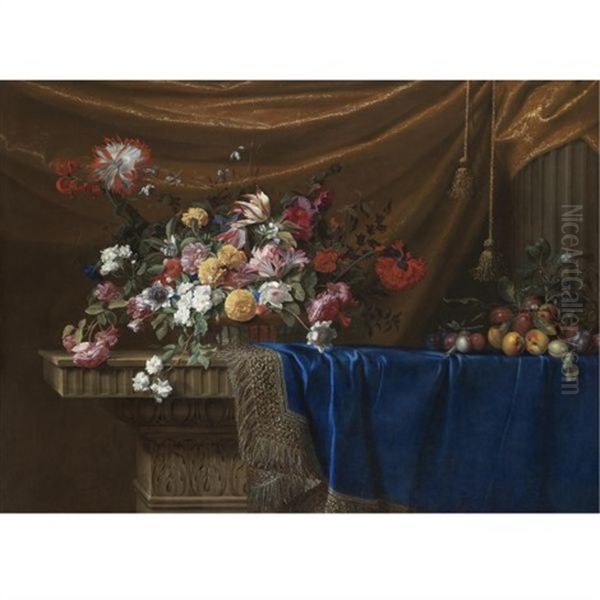 A Still Life Of A Basket Of Flowers And A Mound Of Fruit On A Sculpted Stone Table, Partly Covered With A Blue Velvet, Gold-and-silver-fringed Cloth With Drapery And A Stone Column In The Background Oil Painting by Jean-Michel Picart