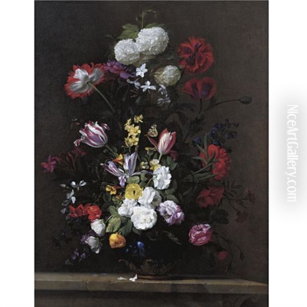 A Bouquet Of Flowers With Poppies, Roses, Tulips, Narcissi, Cyclamen, And Hydrangeas In A Lapis Vase With Butterflies On A Stone Ledge Oil Painting by Jean-Michel Picart