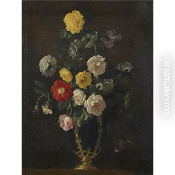 A Still Life With Roses And Various Other Flowers In A Vase Oil Painting by Jean-Michel Picart