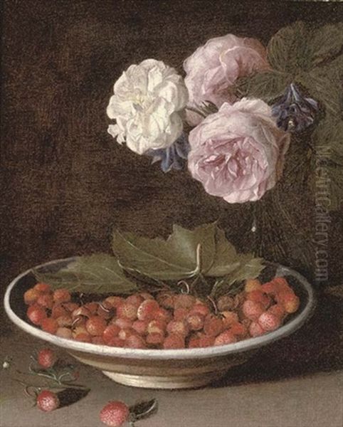 Roses And Campanula In A Glass Vase With Wild Strawberries In A Bowl On A Stone Ledge Oil Painting by Jean-Michel Picart