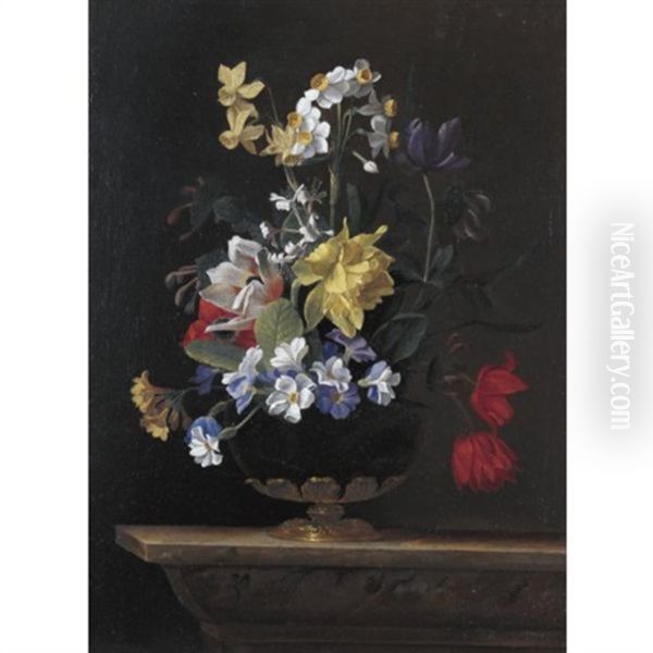 A Still Life Of Flowers In A Ormulu Mounted Lapis Lazuli Vase On A Stone Ledge Oil Painting by Jean-Michel Picart