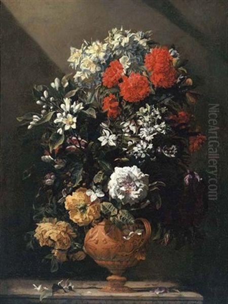 Carnations, Irises And Blossom In A Sculpted Vase On A Stone Ledge Oil Painting by Jean-Michel Picart