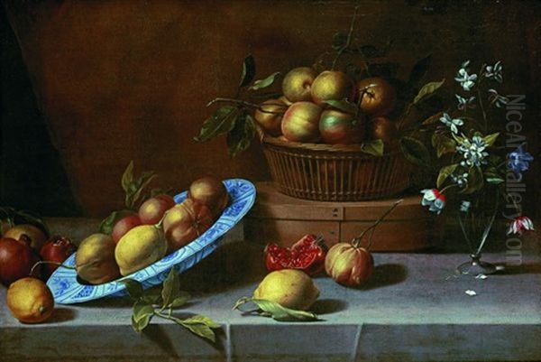 Nature Morte Aux Plat De Citrons, Panier De Bigarades Et Vase De Fleurs Sur Un Entablement Oil Painting by Jean-Michel Picart