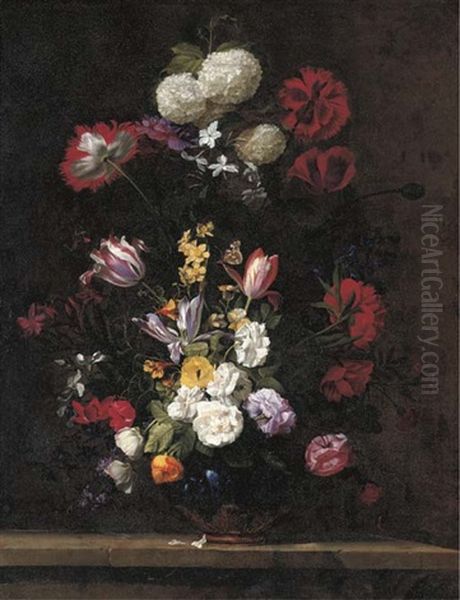 Poppies, Roses, Tulips, Narcissi, Cyclamen, Hydrangeas And Other Flowers In A Lapis Vase With Ormolu With A Red Admiral Butterfly... Oil Painting by Jean-Michel Picart