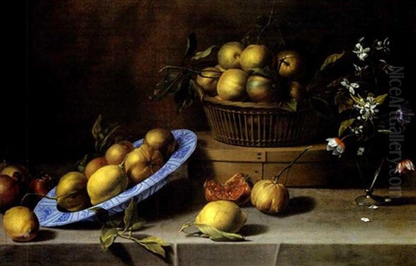 Nature Morte Aux Plat De Citron, Panier De Bigarades Et Vase De Fleurs Sur Un Entablement Oil Painting by Jean-Michel Picart