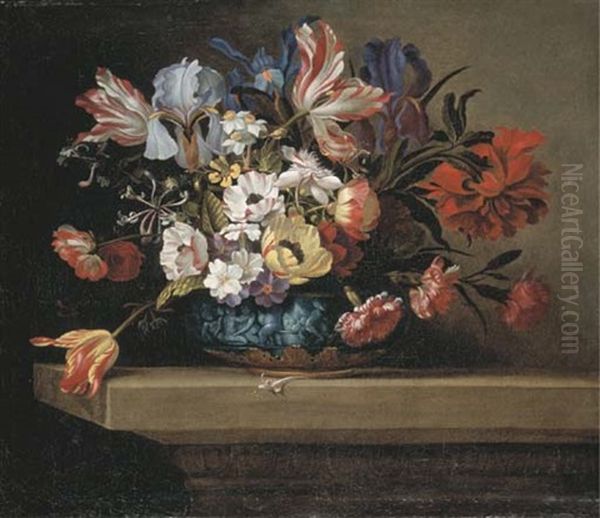 Fleurs Dans Un Vase Orne De Putti Oil Painting by Jean-Michel Picart