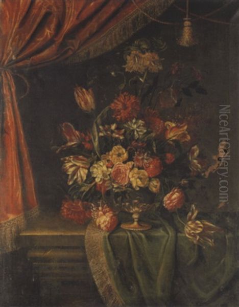 Bouquet De Fleurs Sur Un Entablement Drape Oil Painting by Jean-Michel Picart