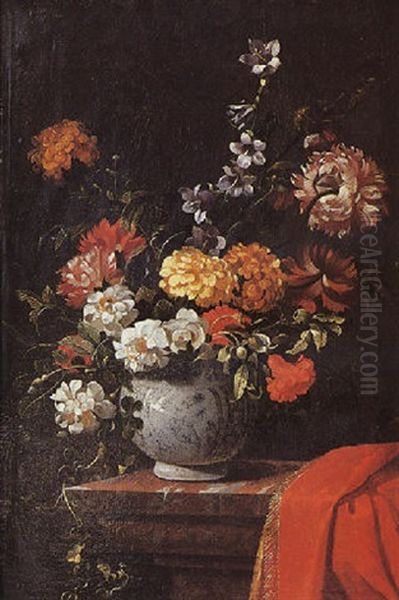 Vase De Fleurs Sur Entablement Avec Un Tapis Rouge Frange D'or Oil Painting by Jean-Michel Picart