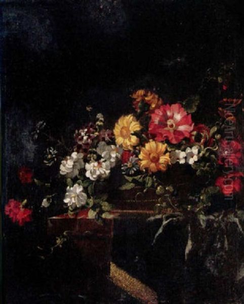 Still Life Of Flowers In A Vase On A Ledge Oil Painting by Jean-Michel Picart