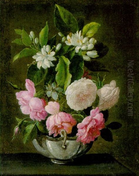 Eine Silberne Schale Mit Rosen Und Orangenbluten by Jean-Michel Picart