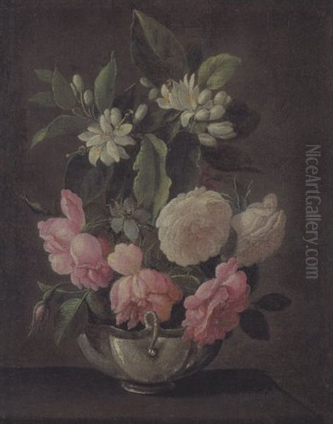 Eine Silberne Schale Mit Rosen Und Orangenbluten Oil Painting by Jean-Michel Picart