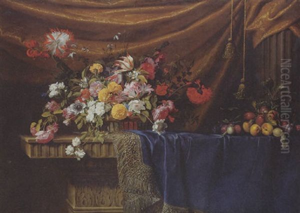 Tulips, Roses, Lilies And Other Flowers In A Basket, Plums On A Branch With A Snail And Peaches On Blue Velvet, Draped Over A Sculpted Stone Table Oil Painting by Jean-Michel Picart