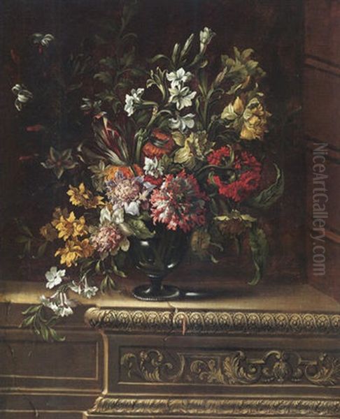 Still Life Of Carnations, Chrysanthemums, Narcissi, Tulips, Lilies And Other Flowers, In A Glass Vase On A Sculpted Frieze Oil Painting by Jean-Michel Picart