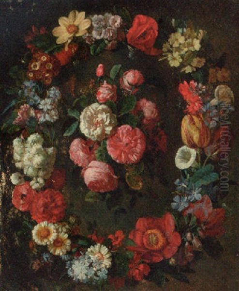 A Swag Of Tulips, Narcissi, Convulvulus, Corn Flowers And Other Flowers Surrounding A Bunch Of Roses Oil Painting by Jean-Michel Picart