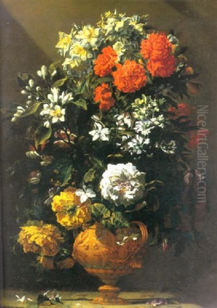 Still Life Of Flowers In A Bronze Vase Oil Painting by Jean-Michel Picart