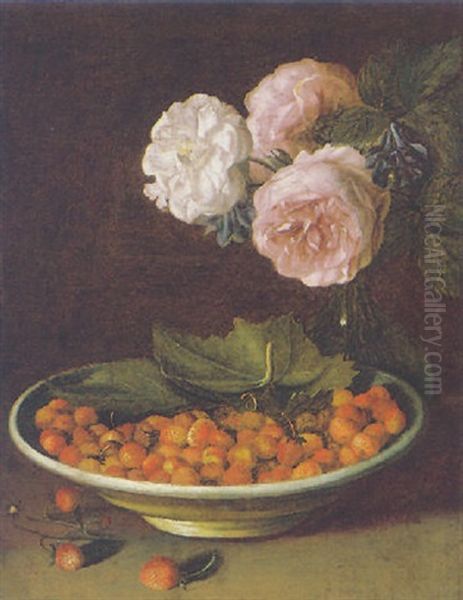 A Still Life Of Three Roses In A Glass Vase And Wild Strawberries In A Bowl, All On A Table-top Oil Painting by Jean-Michel Picart