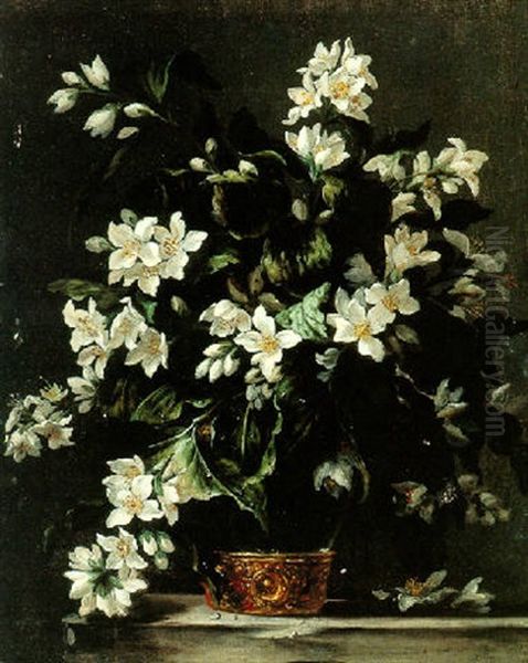 A Bouquet Of Syringa In A Glass Vase Resting On A Ledge Oil Painting by Jean-Michel Picart