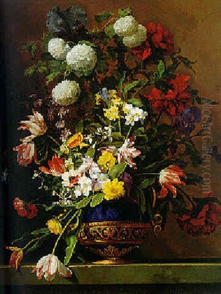 Still Life Of Flowers In An Ormolu Mounted Lapis Lazuli Vase On A Stone Console Oil Painting by Jean-Michel Picart