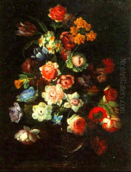 Bouquet De Fleurs Dans Un Vase De Cristal Oil Painting by Jean-Michel Picart