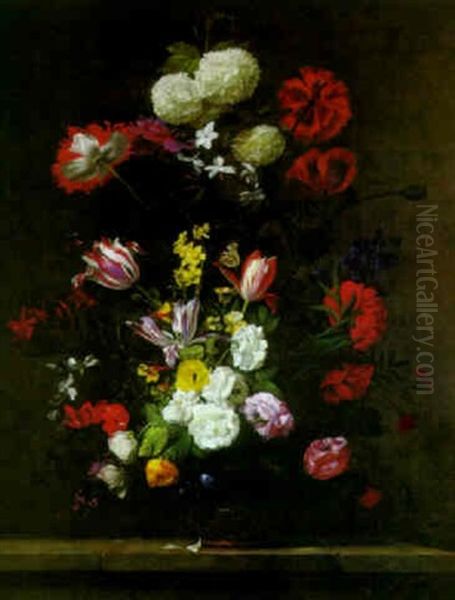 Tulips, Roses And Other Flowers In A Porcelain Vase On A Stone Ledge Oil Painting by Jean-Michel Picart