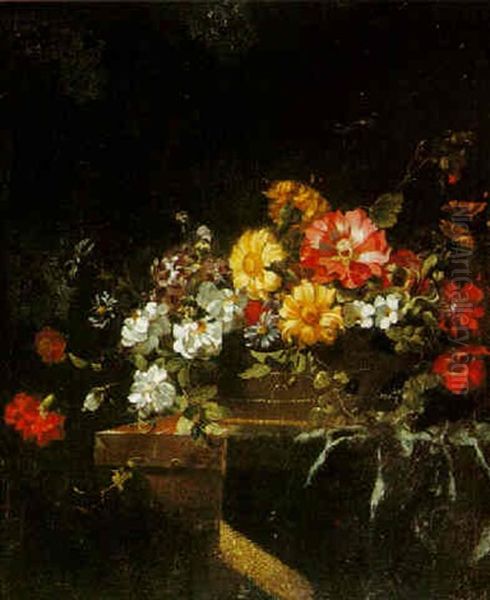 Still Life Of Flowers In A Vase On A Ledge Oil Painting by Jean-Michel Picart