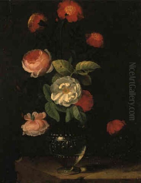 Roses And Carnations In A Facon-de-venise Vase On A Stone Ledge Oil Painting by Jean-Michel Picart