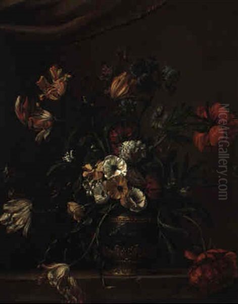 Still Life Of Tulips And Other Flowers In An Urn On A Stone Ledge by Jean-Michel Picart