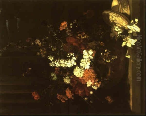 Still Life With Flowers In A Sculptured Urn On A Stone Ledge Oil Painting by Jean-Michel Picart