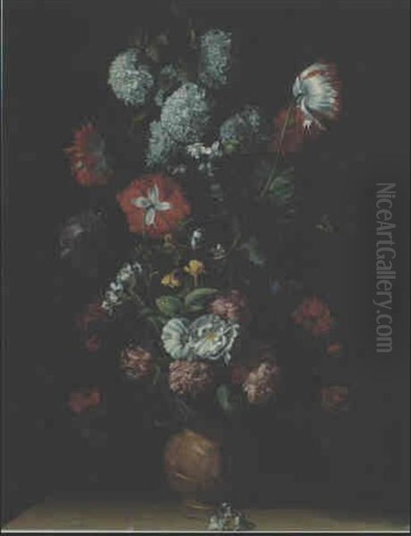 Chrysanthemes, Coquelicots Et Roses Dans Une Urne Sculptee  Avec Deux Papillons Et Des Bougeons, Sur Un Rebord Oil Painting by Jean-Michel Picart