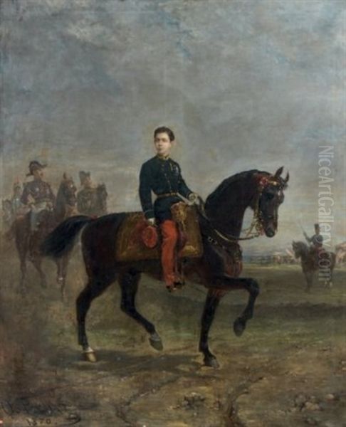 Le Prince Imperial A Cheval, Devant Un Camp, Probablement De Chalons, A L'age De 14 Ans Oil Painting by Oliver Pichat