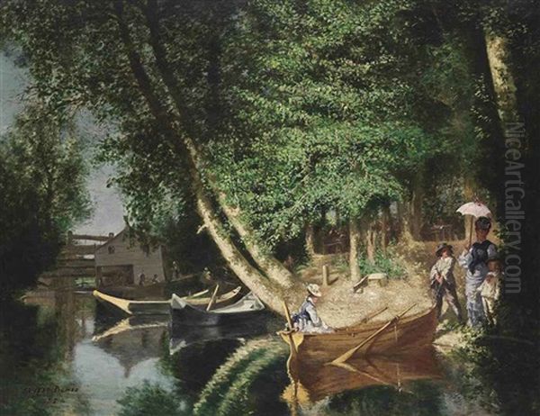 A Sunny Afternoon On The Riverside Oil Painting by Ernest Louis Pichio