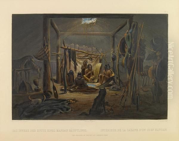 The Interior Of The Hut Of A Mandan Chief Oil Painting by Karl Bodmer