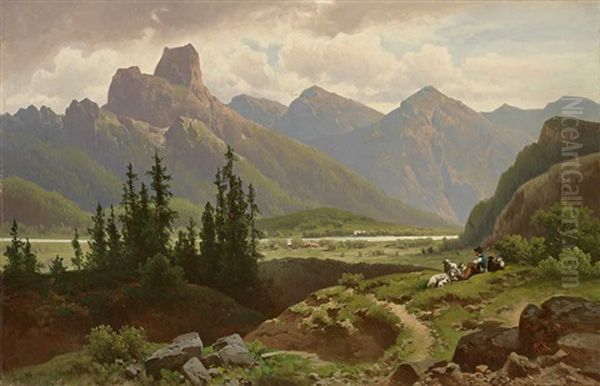 Alpenlandschaft Mit Prachtvollem Massiv, Flusslauf Und Schafer Mit Seiner Herde Oil Painting by Anton Pick