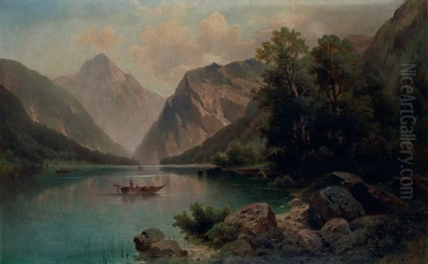 See In Den Alpen Mit Ruderbooten Oil Painting by Anton Pick