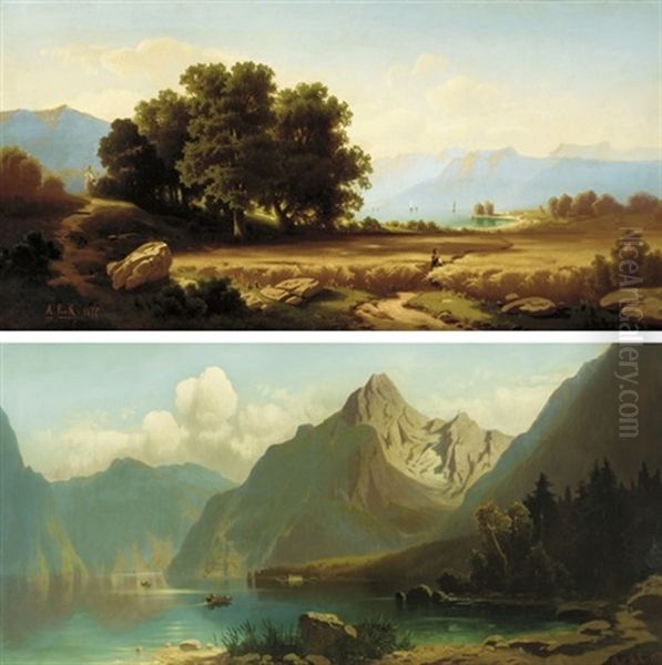 Harvesters (+ Fishing On An Alpine Lake; Pair) Oil Painting by Anton Pick