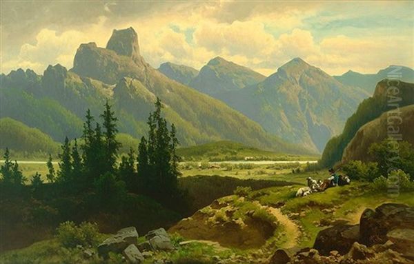 Malerische Flusslandschaft In Den Alpen Mit Gebirgspanorama Und Schafer Mit Ruhender Herde Auf Besonnter Wiese Oil Painting by Anton Pick